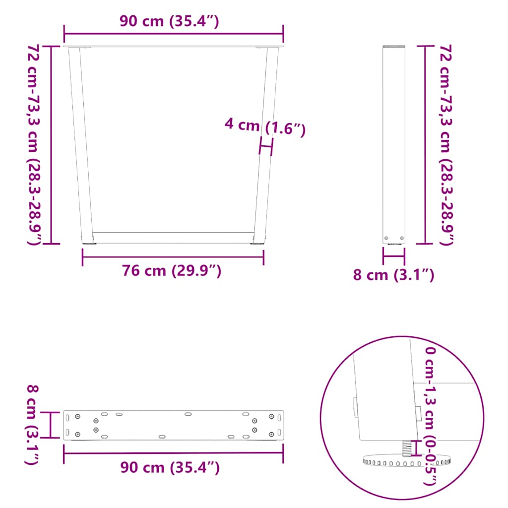 Black V-Shape Steel Dining Table Legs, 3pcs, Adjustable Height