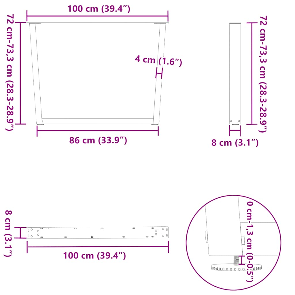 V-Shape Dining Table Legs 3pcs Natural Steel Adjustable 100x73cm