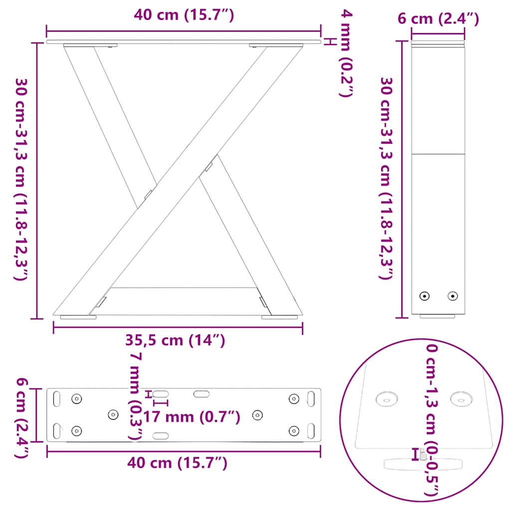 Steel Coffee Table Legs 2 pcs, Adjustable, White 40x(30-31.3) cm