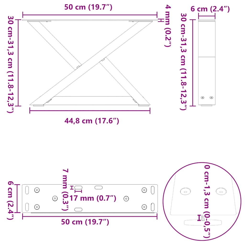 Natural Steel Coffee Table Legs 2 pcs, Adjustable 50x(30-31.3) cm