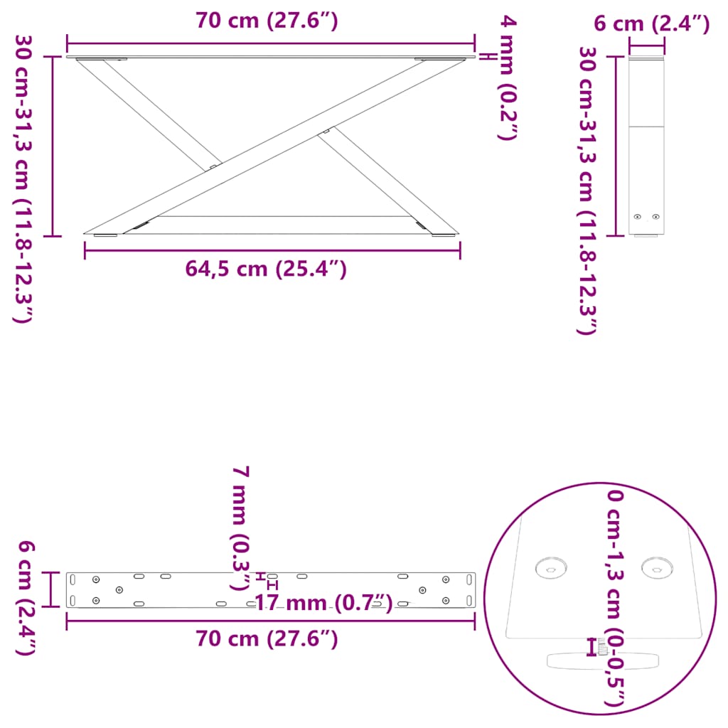 Natural Steel Coffee Table Legs 2-Pc Set, Adjustable 70x31 cm