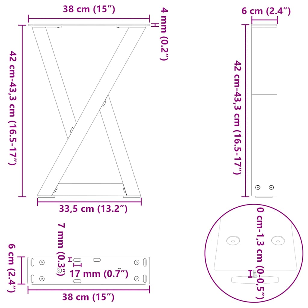 Natural Steel Coffee Table Legs 2 pcs, Adjustable 38x(42-43.3) cm