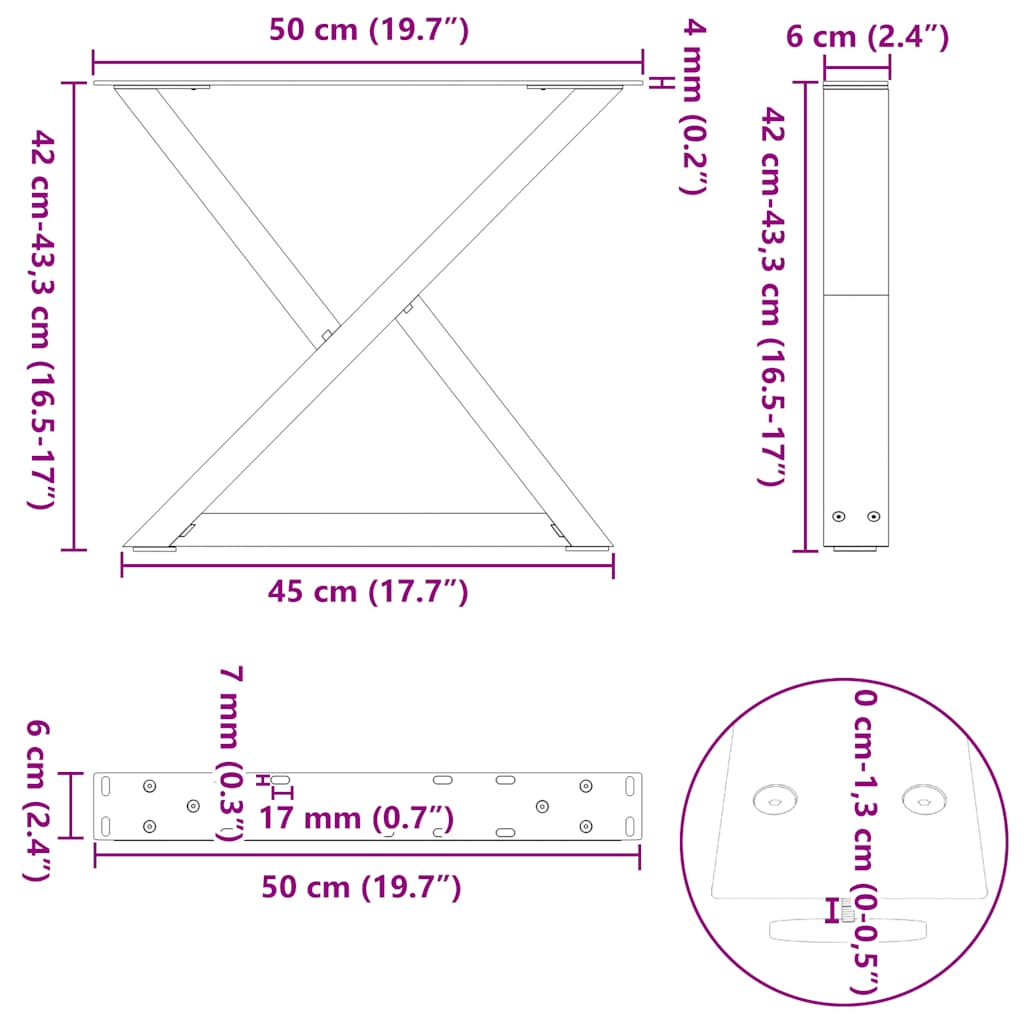 Natural Steel Coffee Table Legs, 2 Pcs, Adjustable 50x(42-43.3) cm