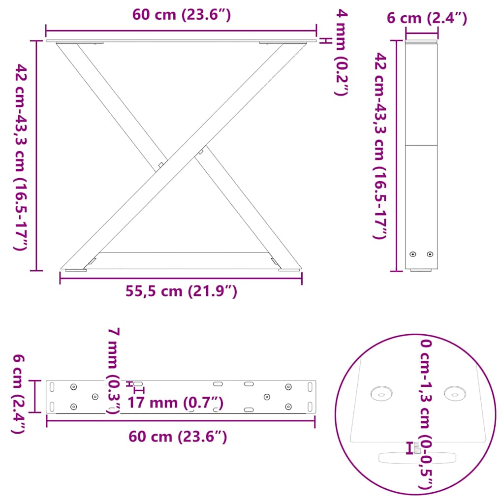Natural Steel Coffee Table Legs, 2 Pcs, Adjustable (42-43.3cm)