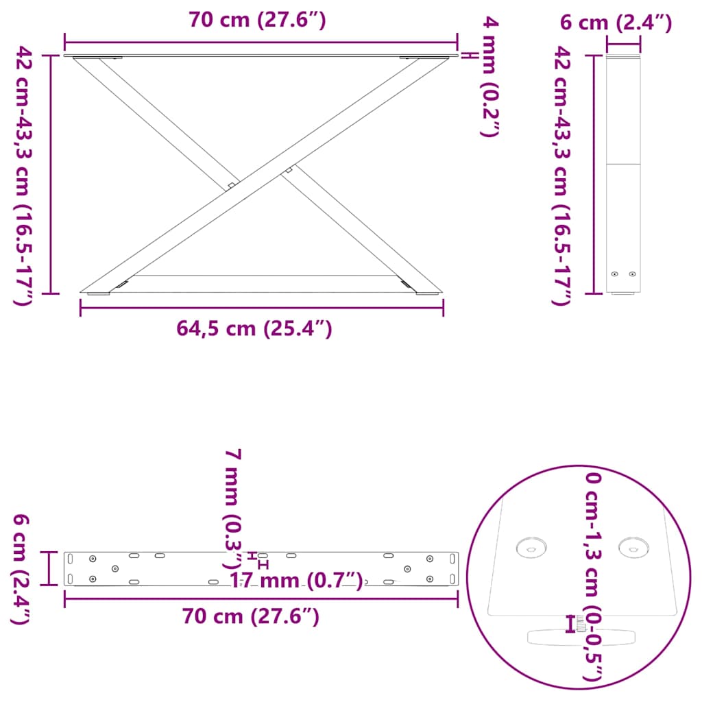 Natural Steel Coffee Table Legs, 2pcs, Adjustable Height, 70cm