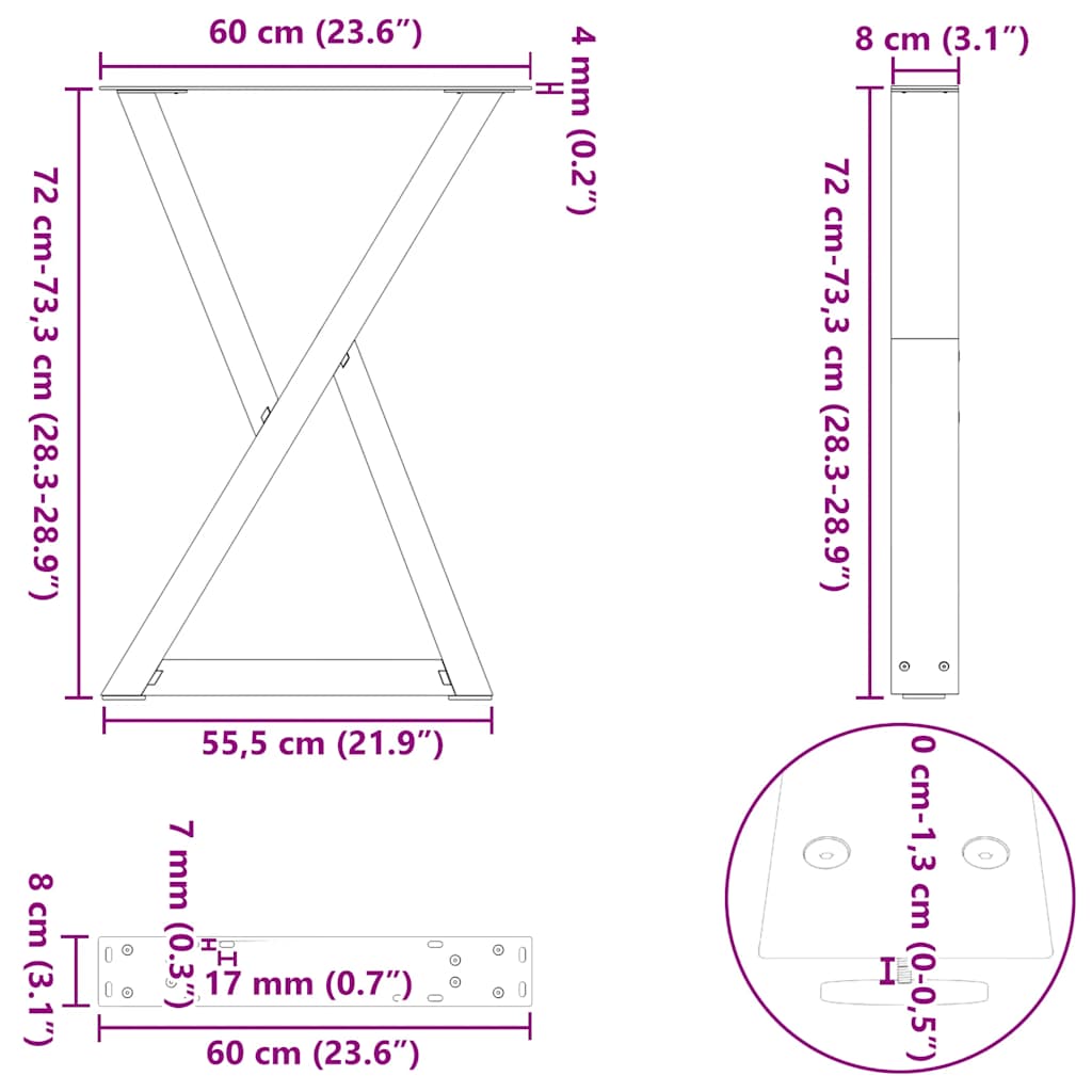Natural Steel Dining Table Legs, 2 pcs, Adjustable 60x(72-73.3) cm