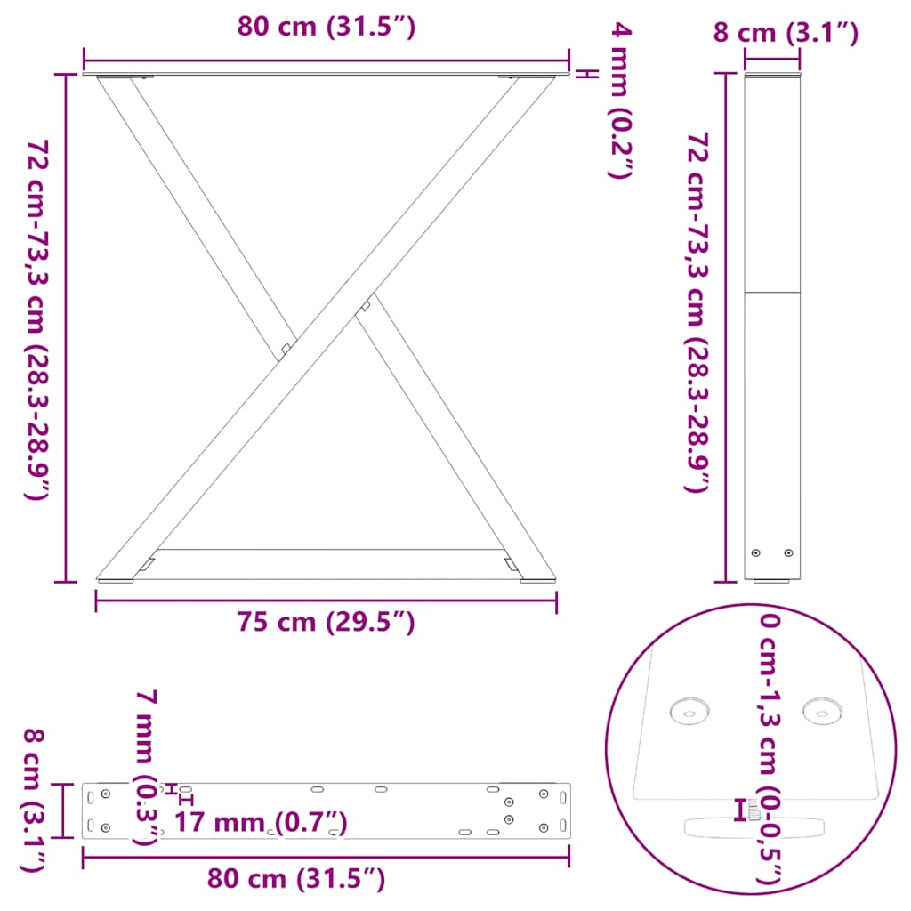Natural Steel Dining Table Legs 2pcs, Adjustable Height 80cm
