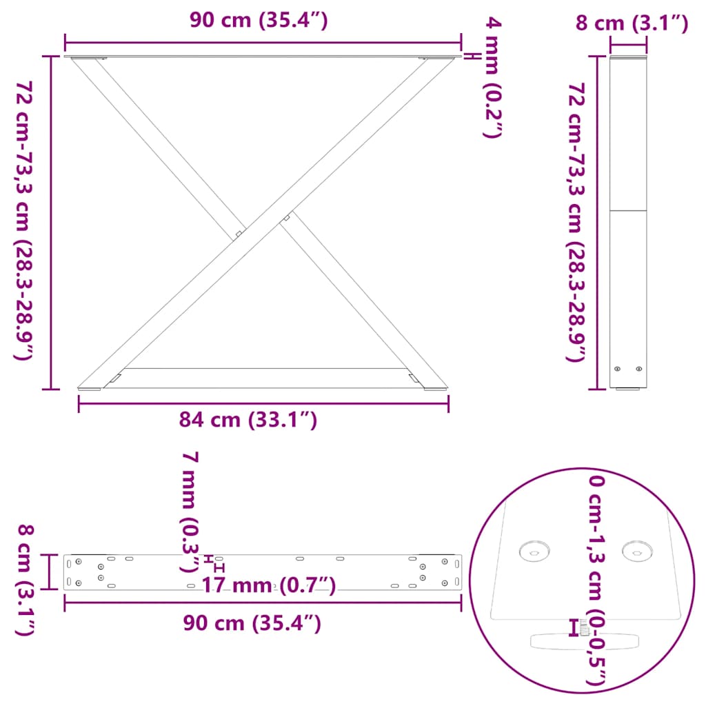 Black Steel Dining Table Legs, Adjustable Height 90cm - Set of 2