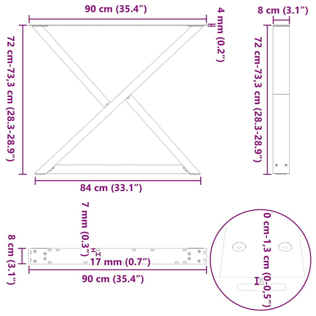 White Steel Dining Table Legs, 2 pcs, Adjustable Height 90 cm