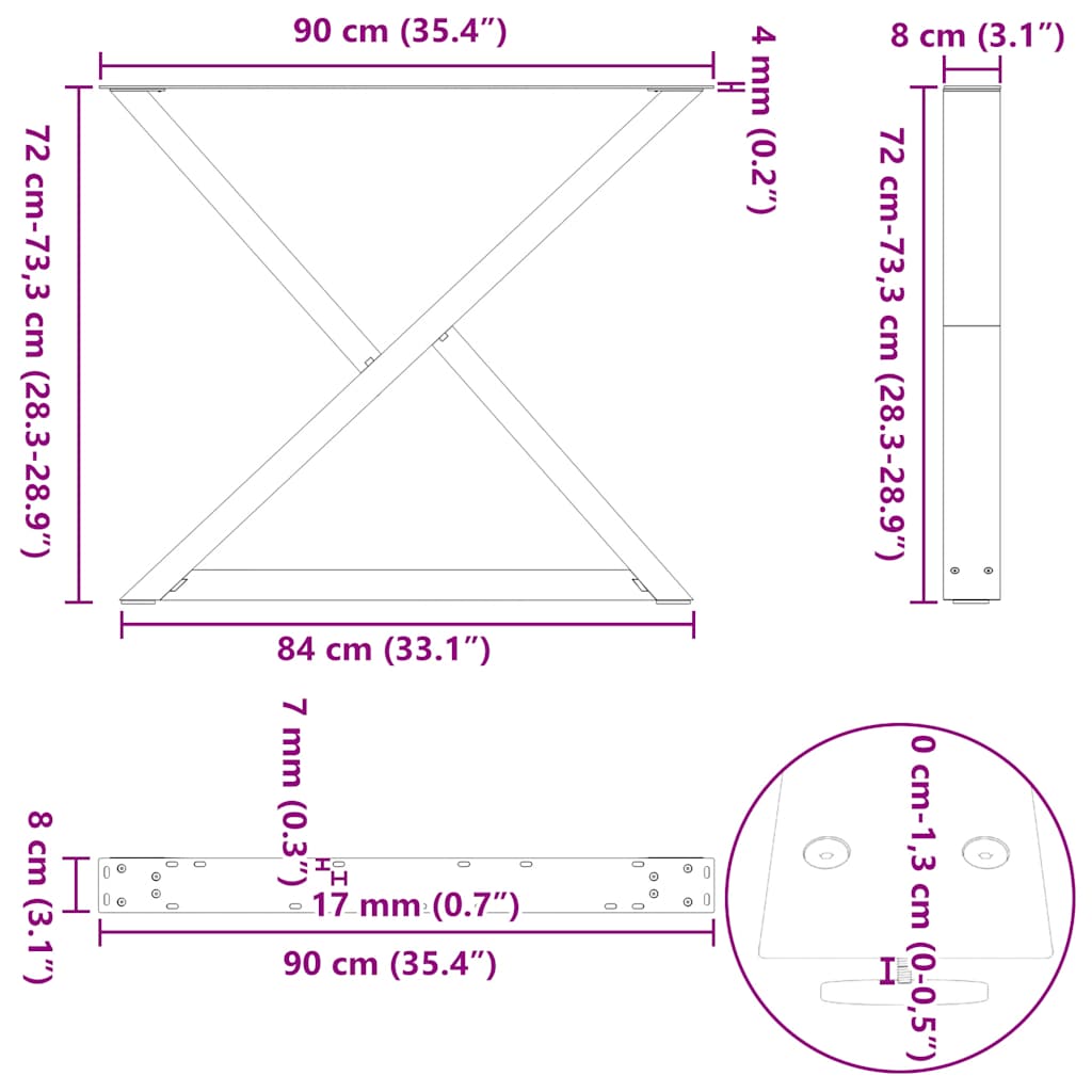 Natural Steel Dining Table Legs 2pcs Adjustable Height 90x72-73.3 cm