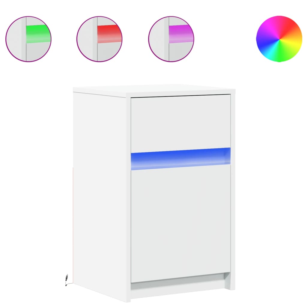 White Bedside Cabinet with LED Lights - Engineered Wood Finish