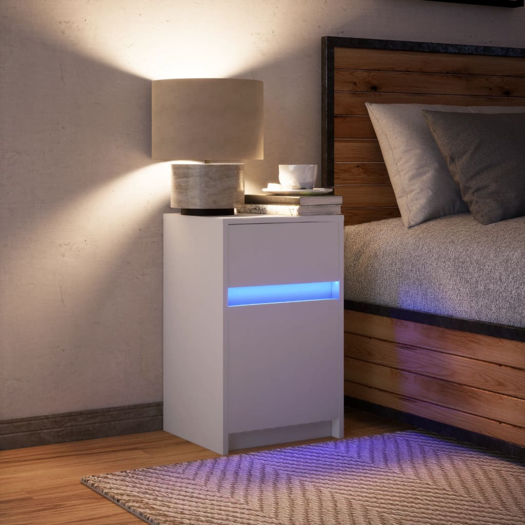 White Bedside Cabinet with LED Lights - Engineered Wood Finish