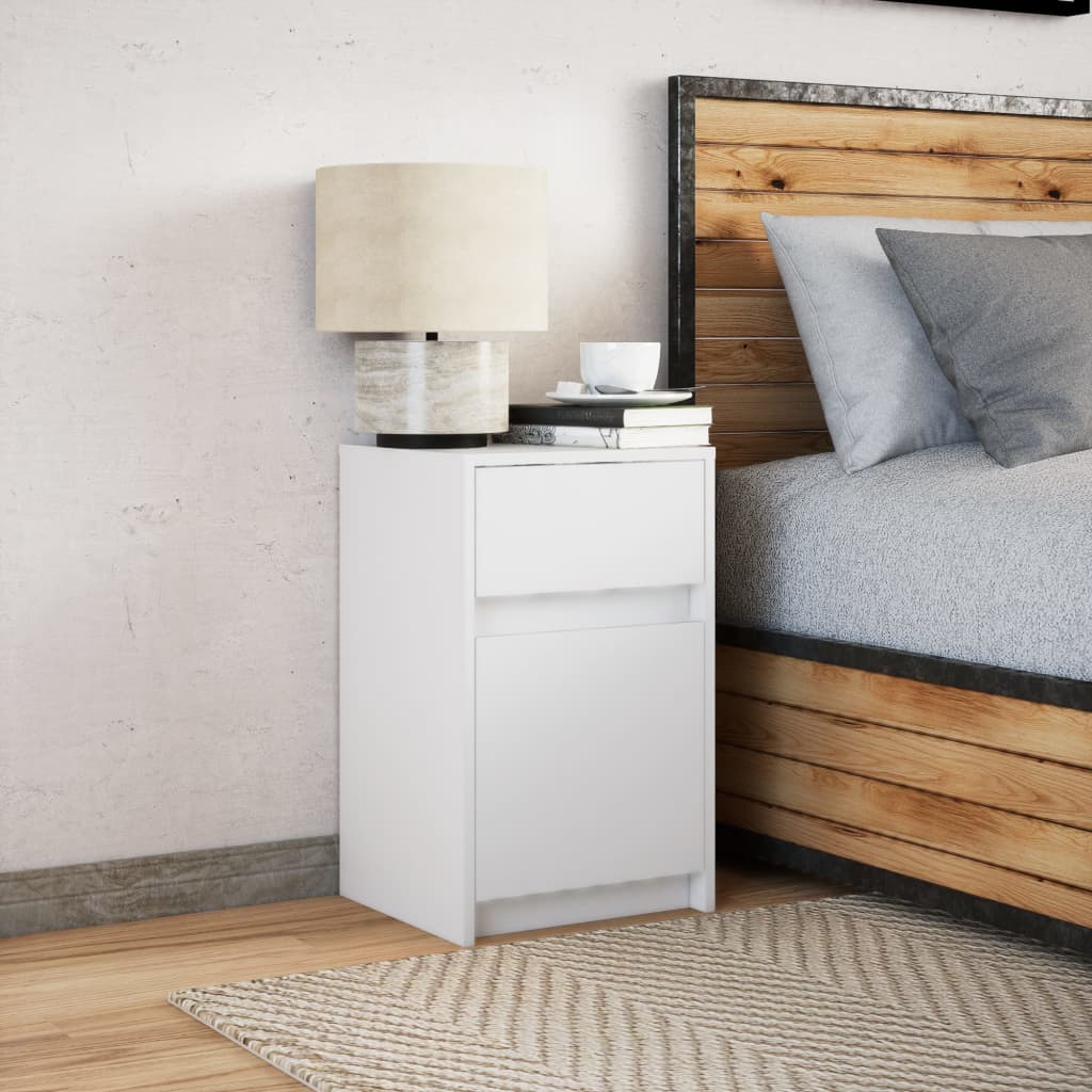 White Bedside Cabinet with LED Lights - Engineered Wood Finish