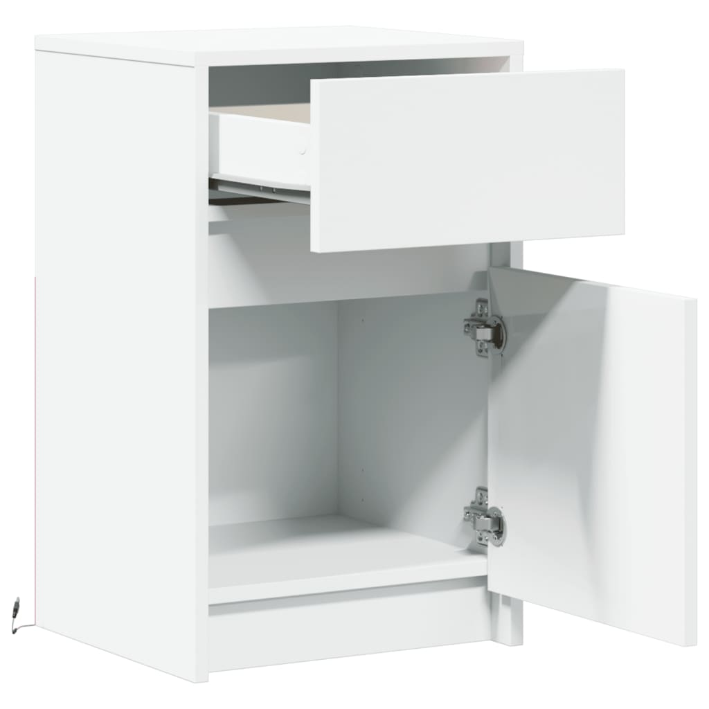 White Bedside Cabinet with LED Lights - Engineered Wood Finish
