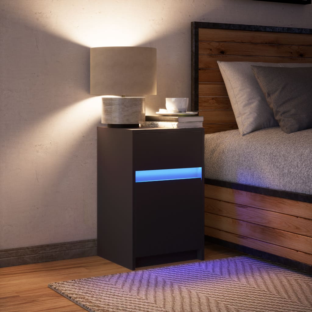 Black Engineered Wood Bedside Cabinet with LED Lights