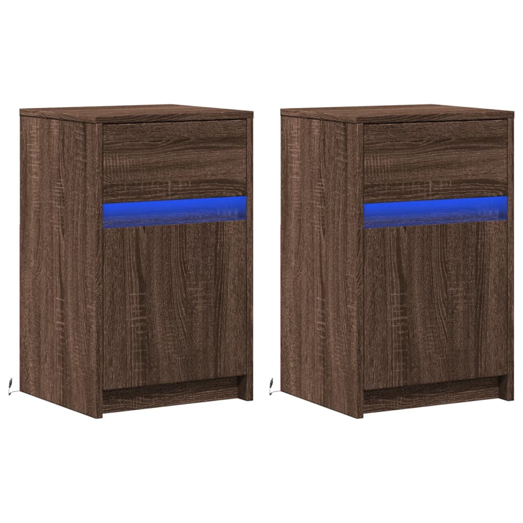 LED Bedside Cabinets, 2 pcs Brown Oak, Engineered Wood