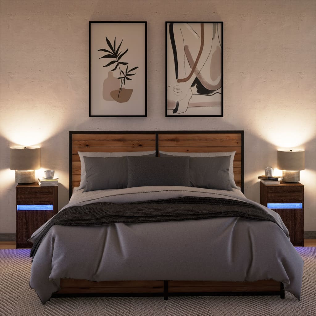 LED Bedside Cabinets, 2 pcs Brown Oak, Engineered Wood