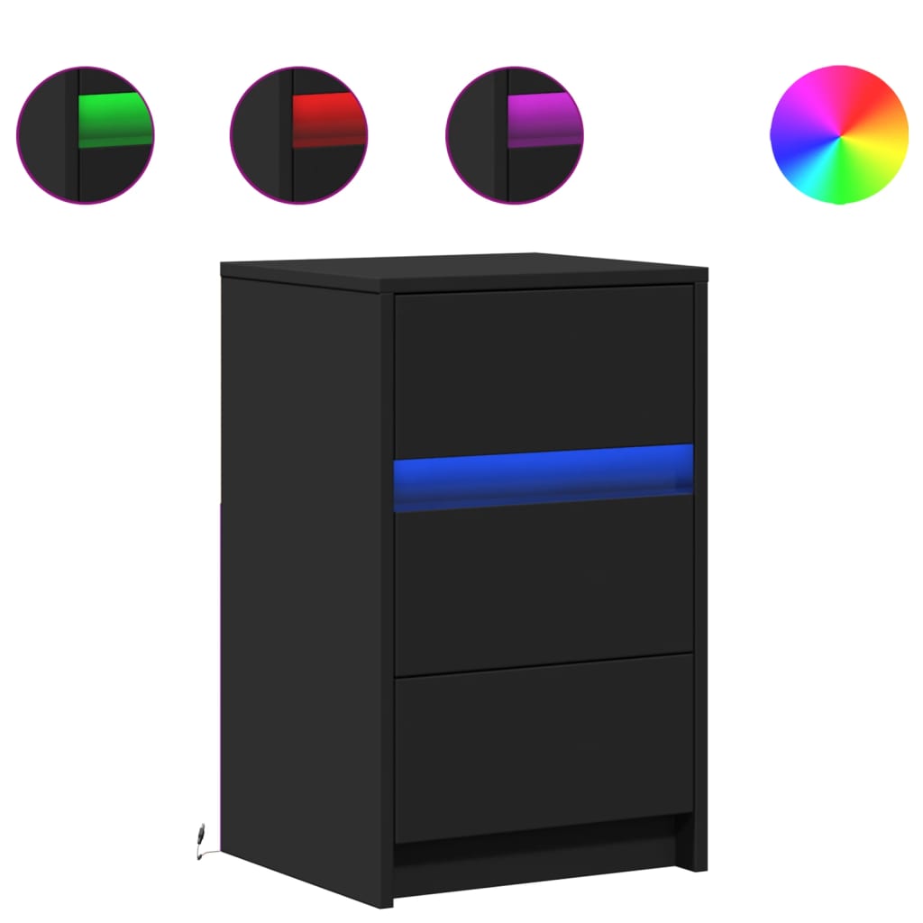 Black Engineered Wood Bedside Cabinet with LED Lights