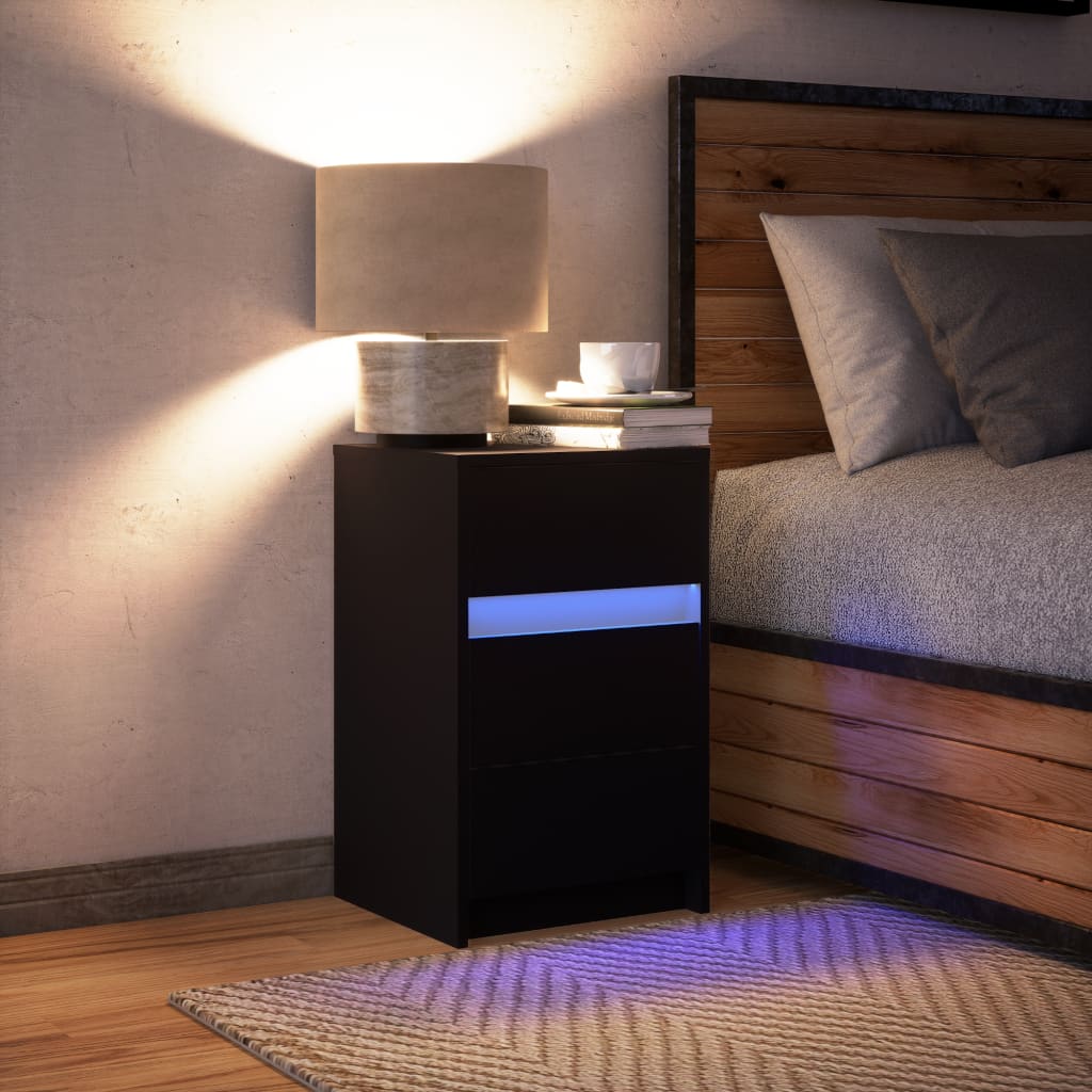 Black Engineered Wood Bedside Cabinet with LED Lights