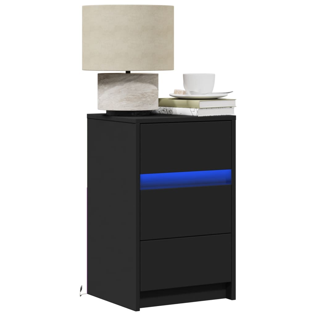 Black Engineered Wood Bedside Cabinet with LED Lights