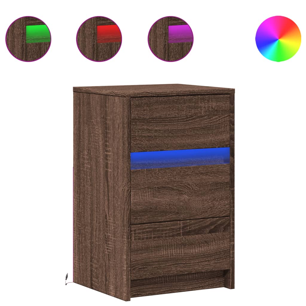 Brown Oak Bedside Cabinet with LED Lights - Engineered Wood