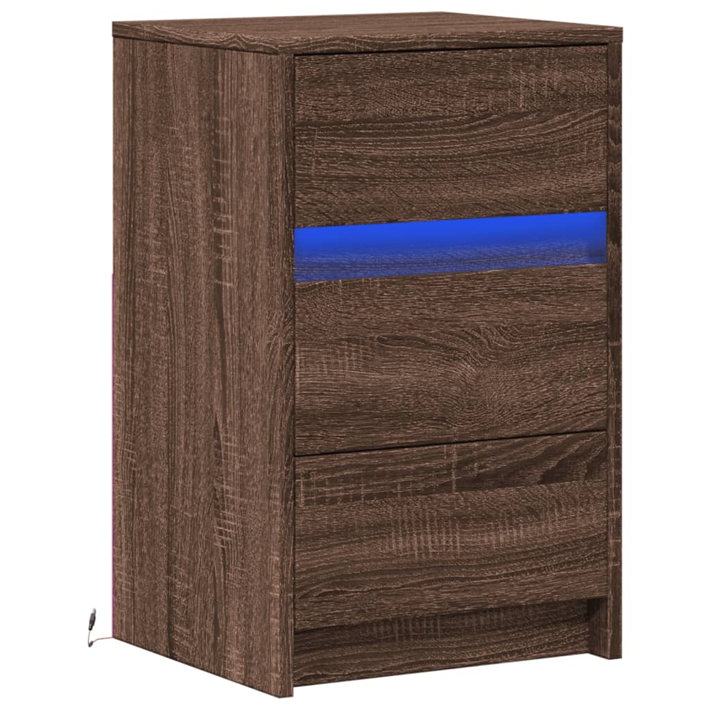 Brown Oak Bedside Cabinet with LED Lights - Engineered Wood