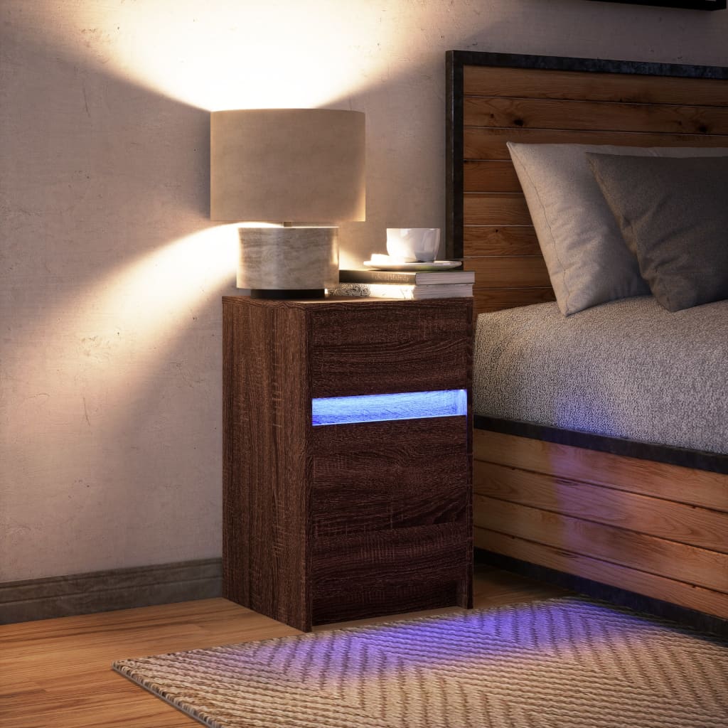 Brown Oak Bedside Cabinet with LED Lights - Engineered Wood