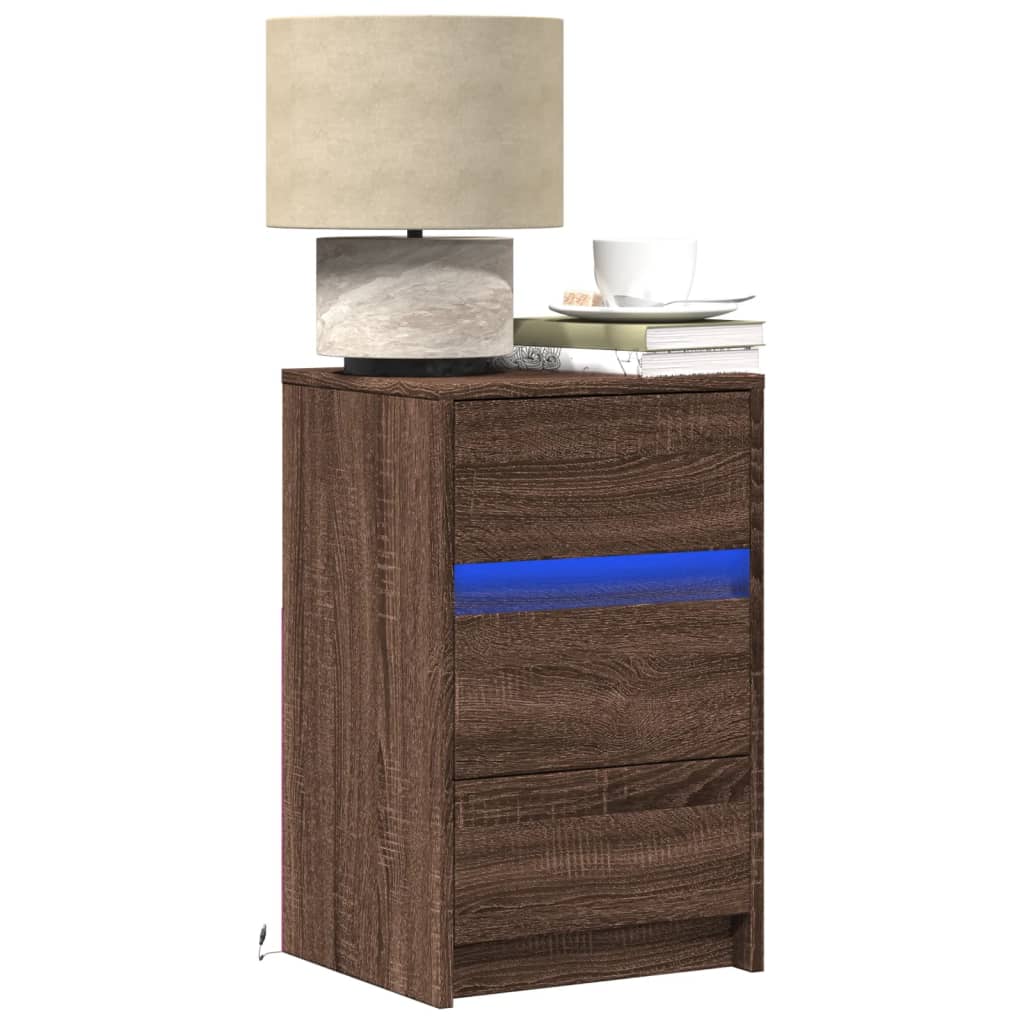 Brown Oak Bedside Cabinet with LED Lights - Engineered Wood