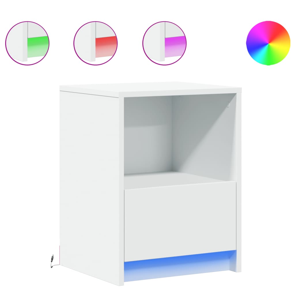 White Engineered Wood Bedside Cabinet with LED Lights