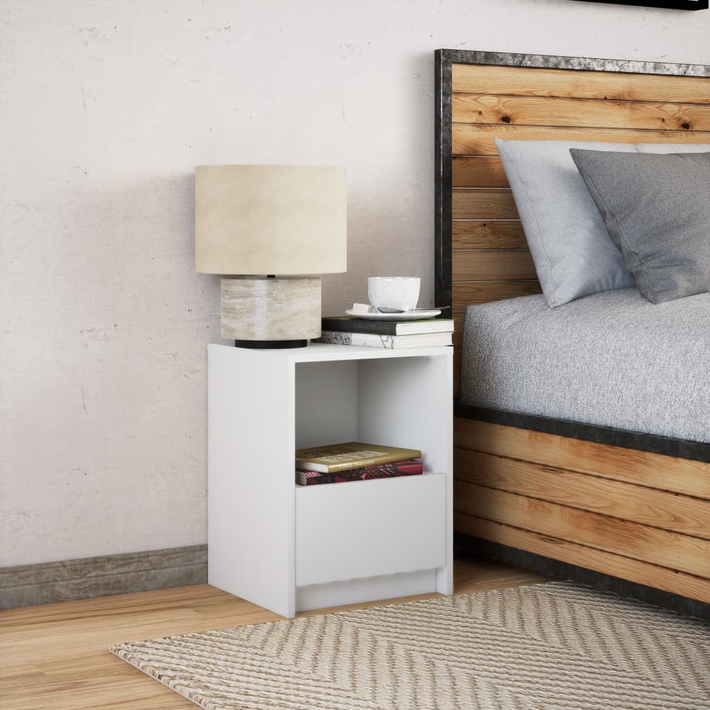 White Engineered Wood Bedside Cabinet with LED Lights