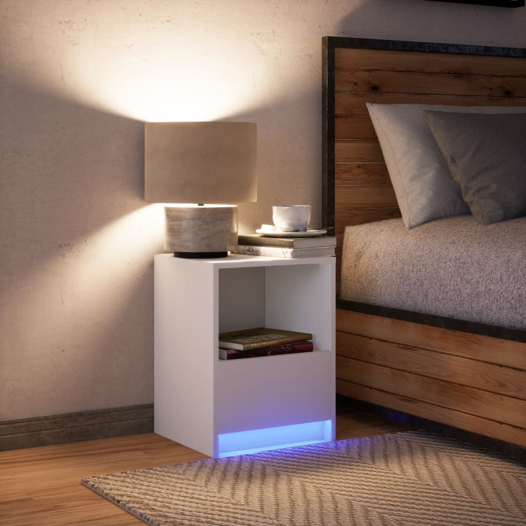 White Engineered Wood Bedside Cabinet with LED Lights
