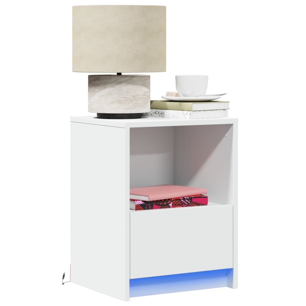 White Engineered Wood Bedside Cabinet with LED Lights