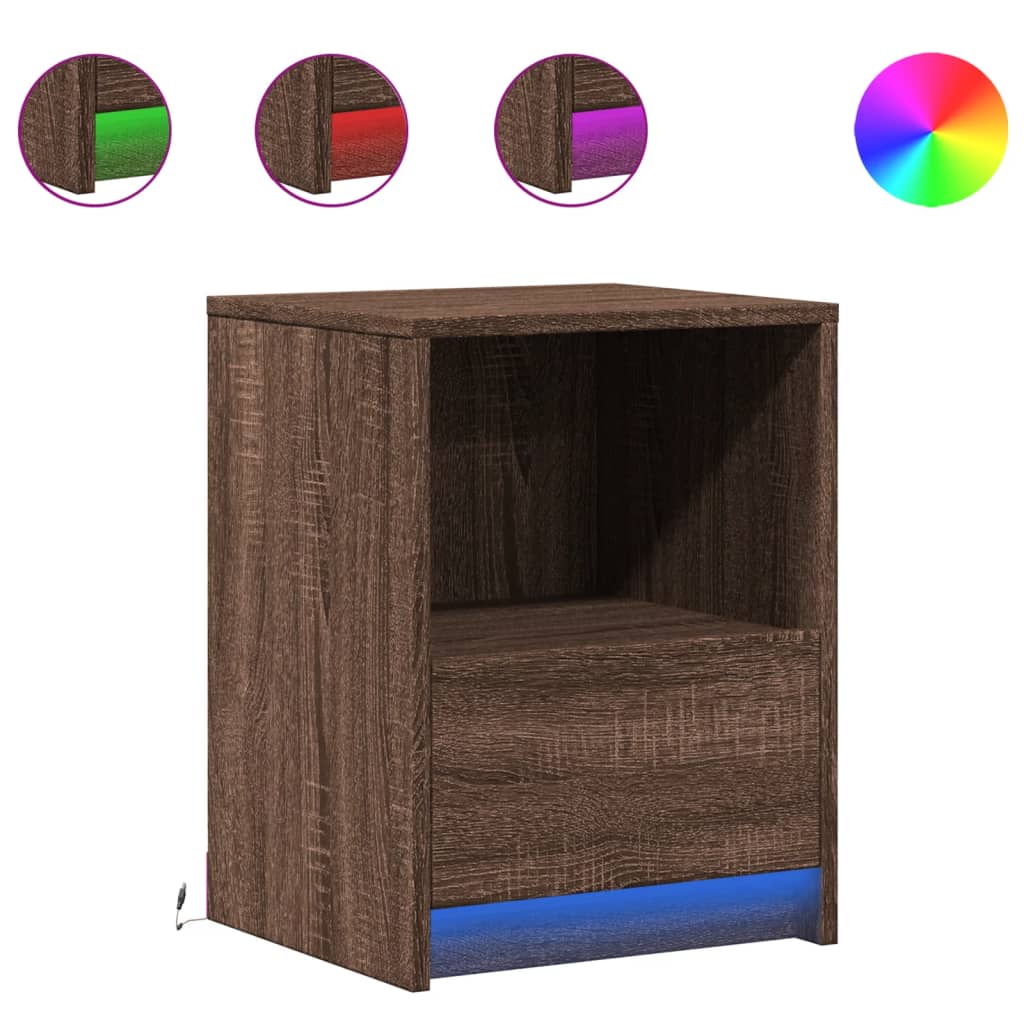 Brown Oak Bedside Cabinet with LED Lights - Engineered Wood