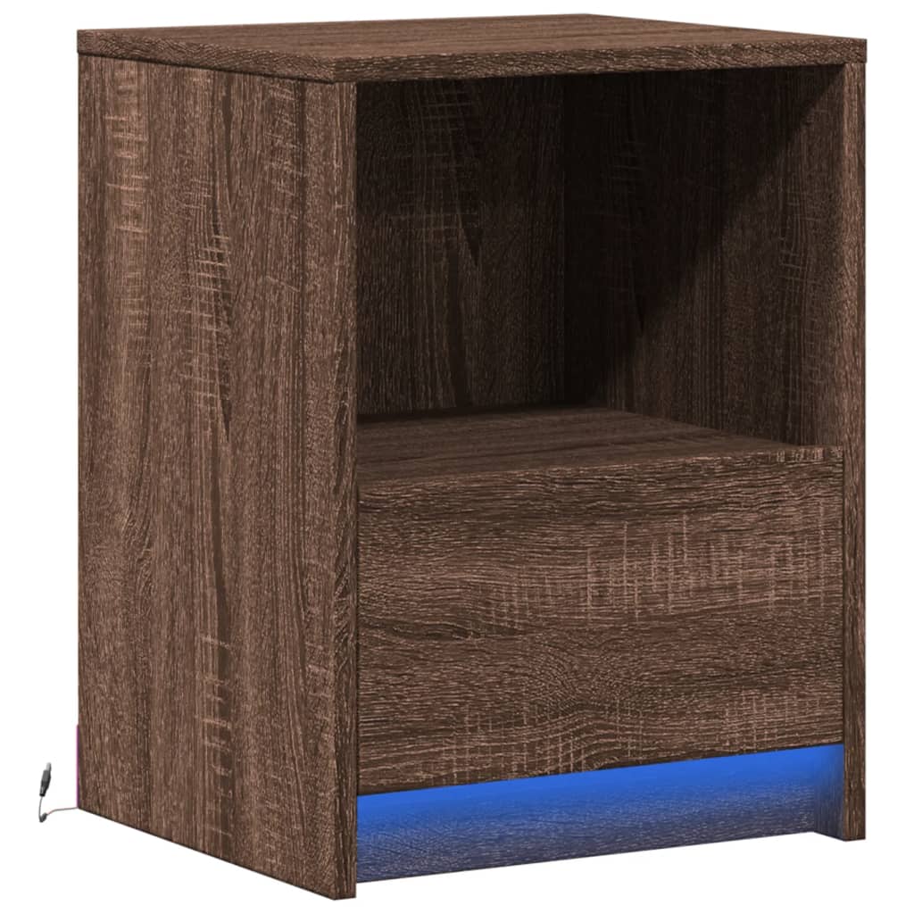 Brown Oak Bedside Cabinet with LED Lights - Engineered Wood