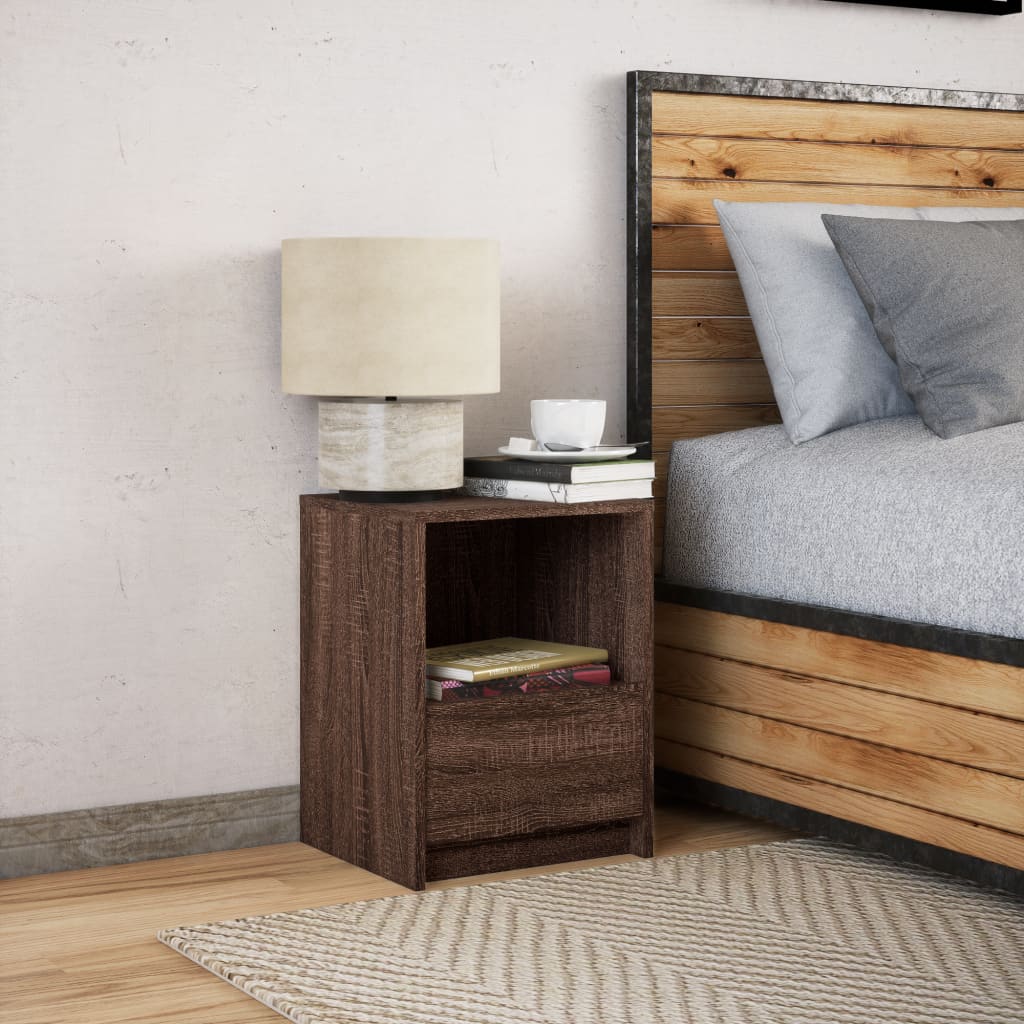 Brown Oak Bedside Cabinet with LED Lights - Engineered Wood
