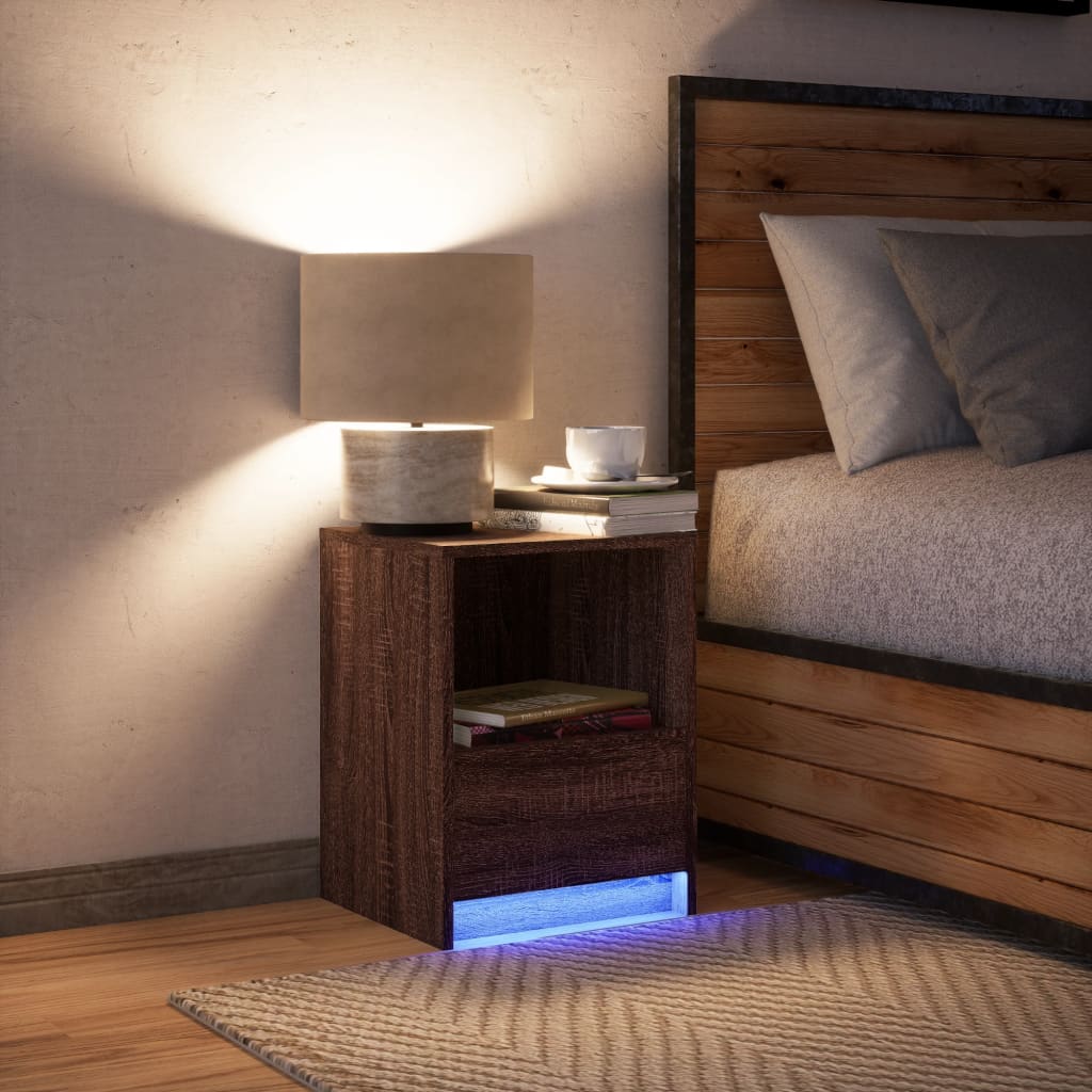 Brown Oak Bedside Cabinet with LED Lights - Engineered Wood