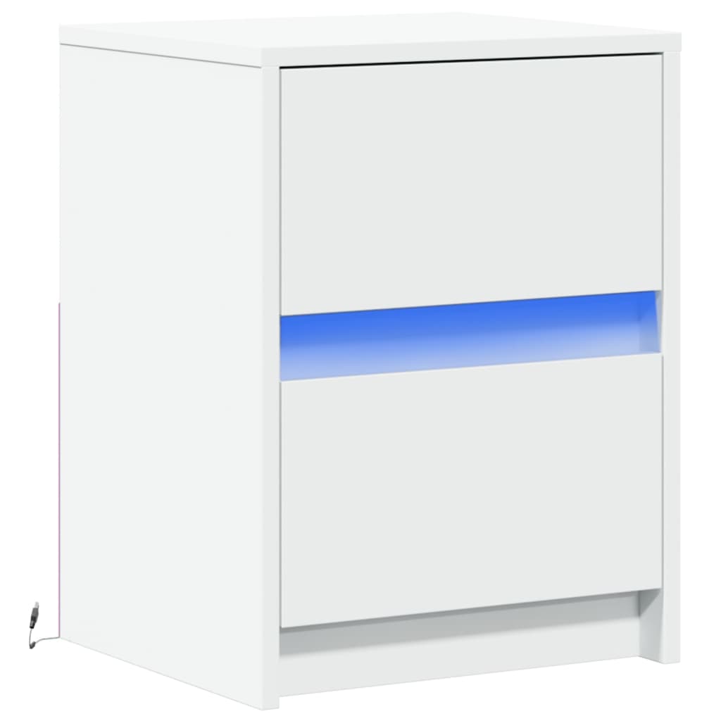White Engineered Wood Bedside Cabinet with LED Lights