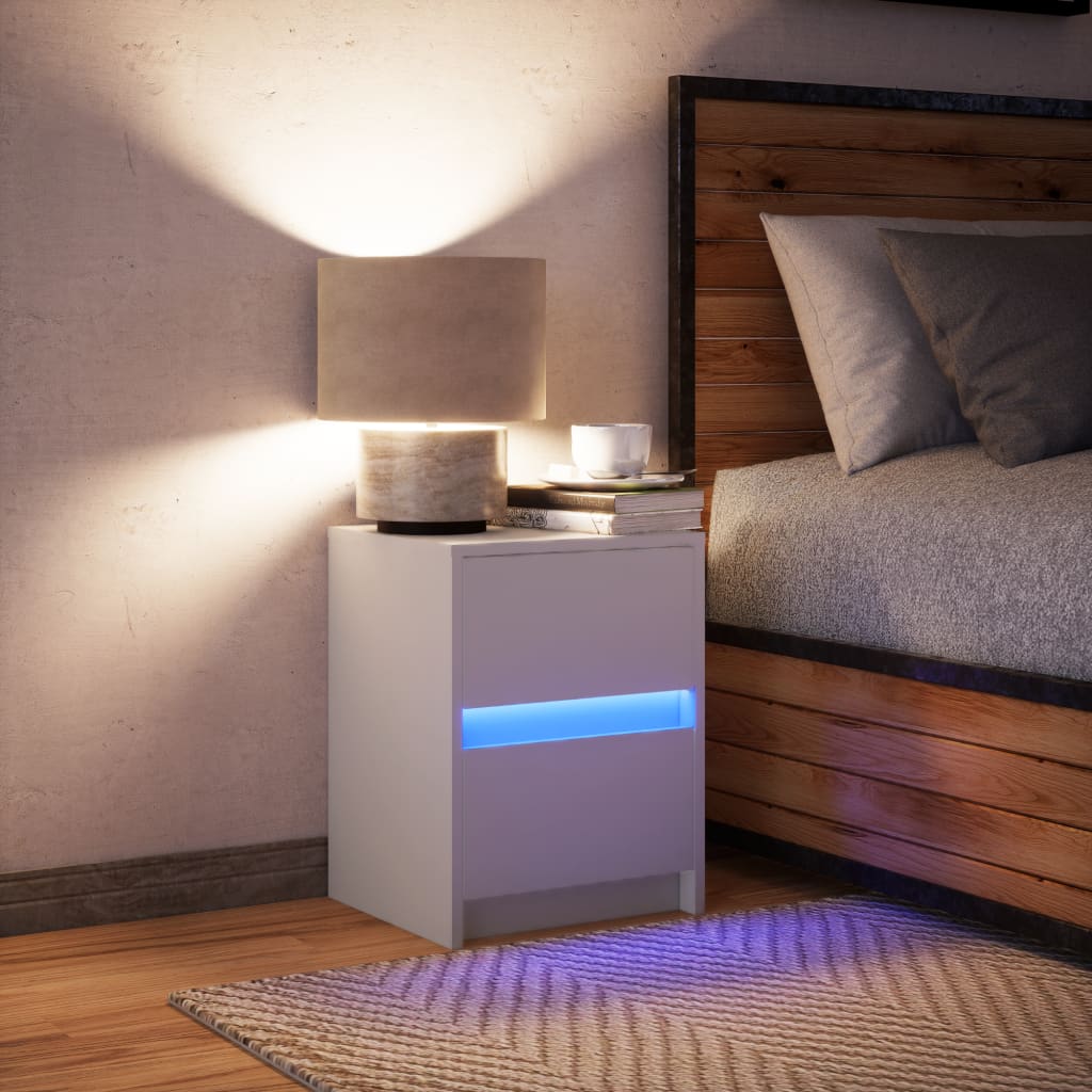 White Engineered Wood Bedside Cabinet with LED Lights