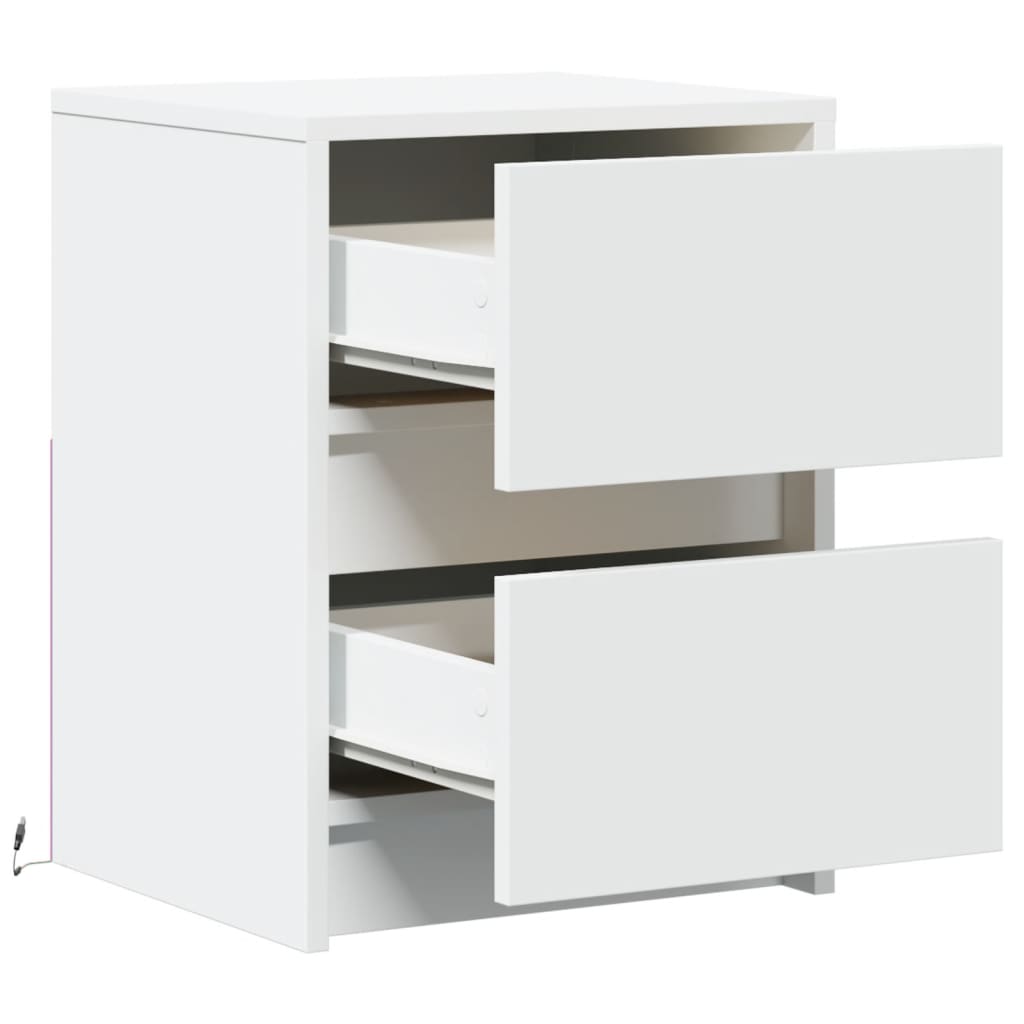 White Engineered Wood Bedside Cabinet with LED Lights