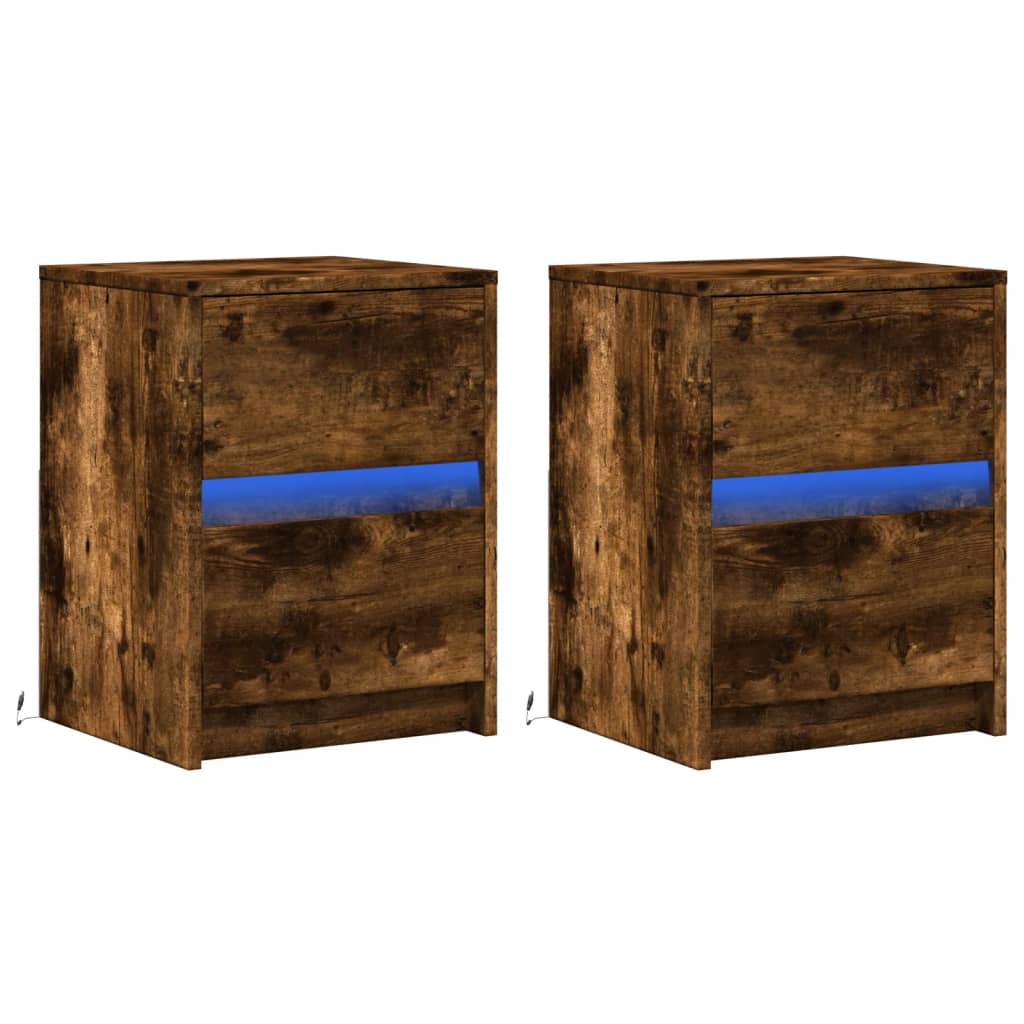 Smoked Oak Bedside Cabinets with LED Lights - Set of 2