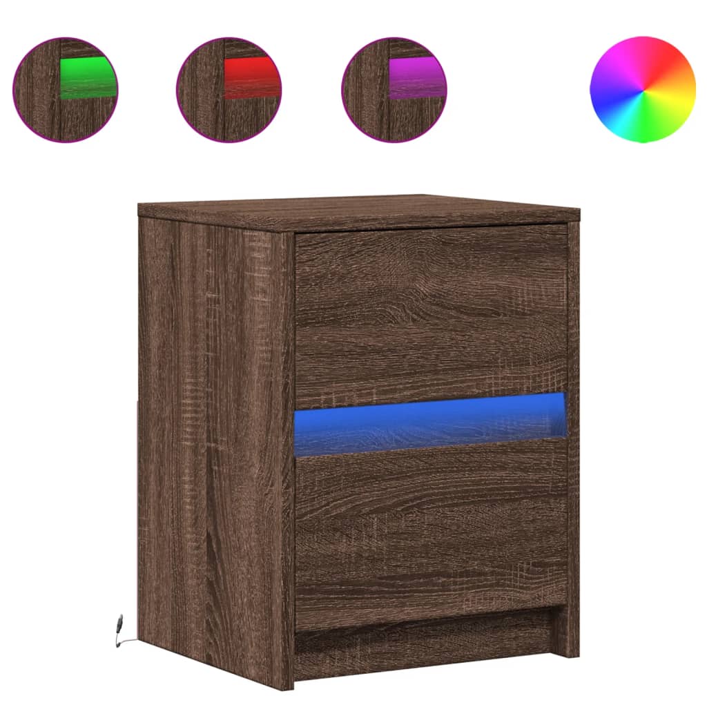 Brown Oak LED Bedside Cabinet - Engineered Wood Elegance