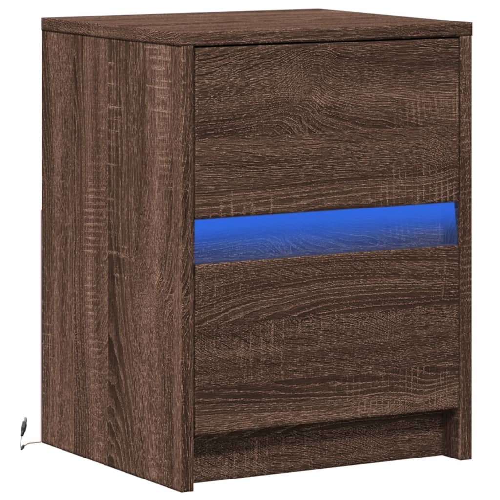 Brown Oak LED Bedside Cabinet - Engineered Wood Elegance