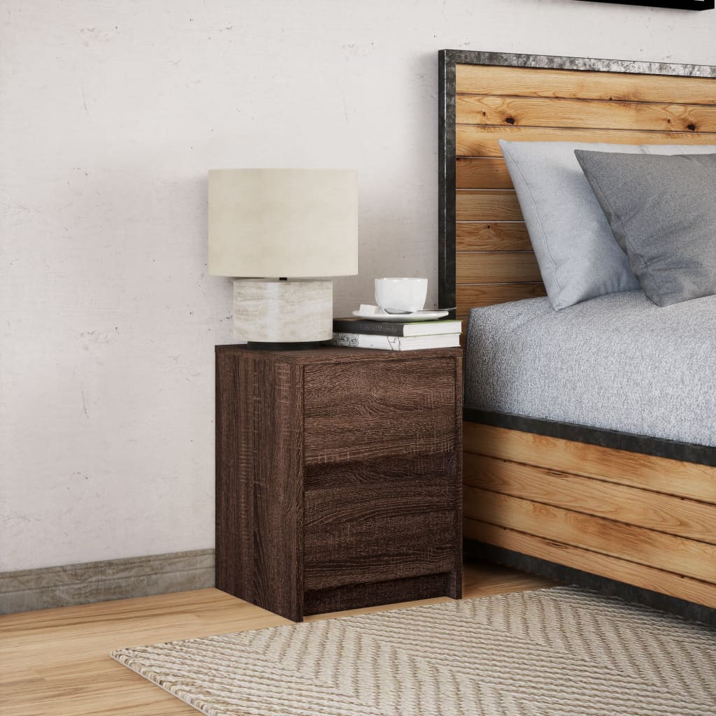 Brown Oak LED Bedside Cabinet - Engineered Wood Elegance
