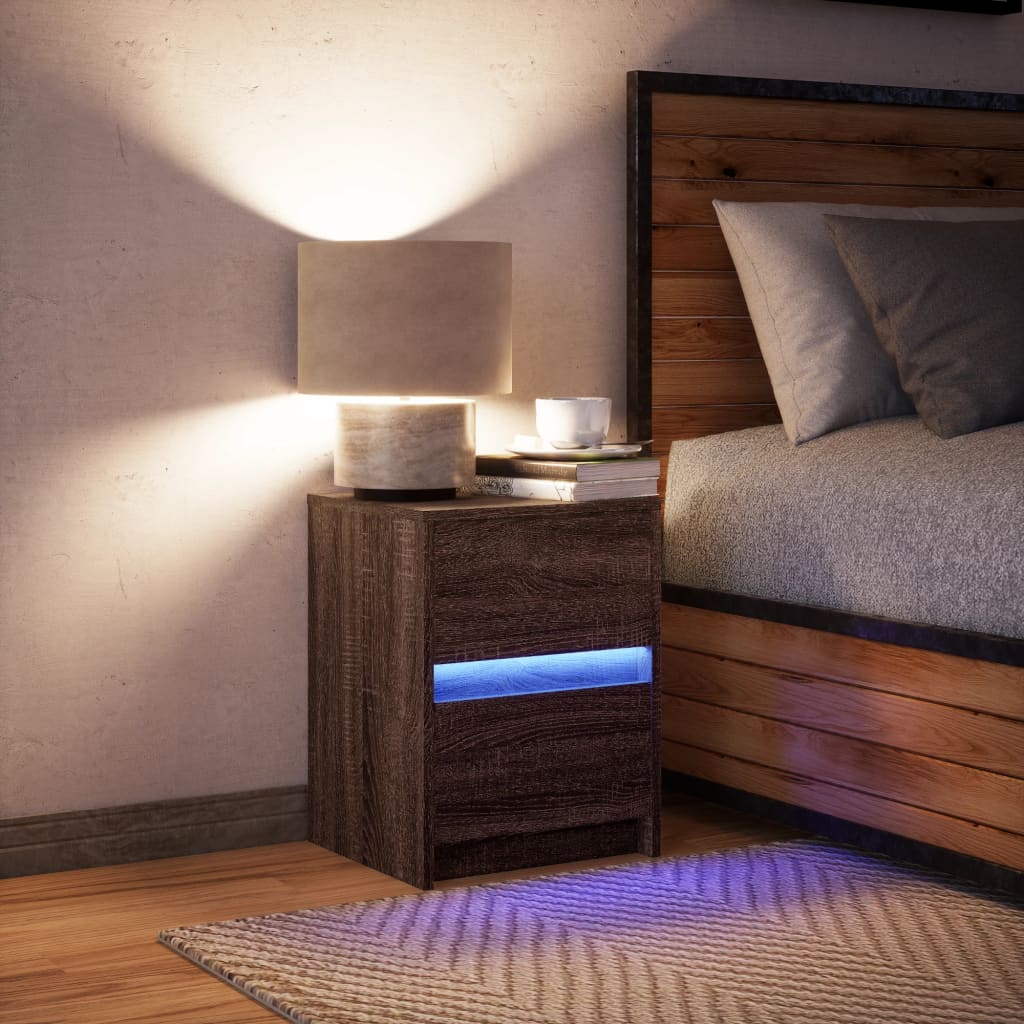 Brown Oak LED Bedside Cabinet - Engineered Wood Elegance