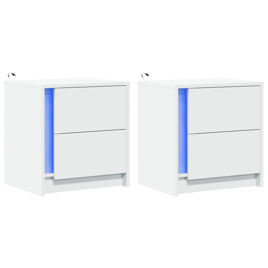 White Engineered Wood Bedside Cabinets with LED Lights, 2 Pcs