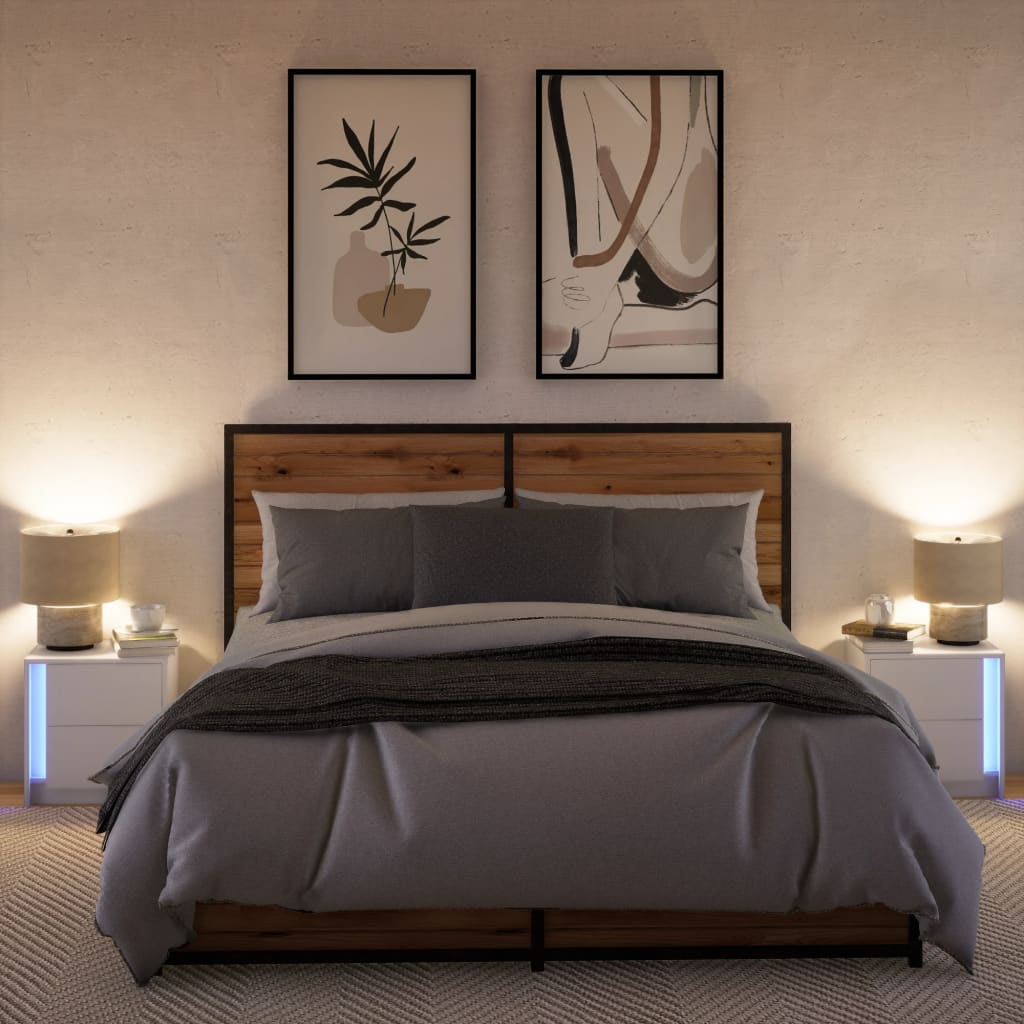 White Engineered Wood Bedside Cabinets with LED Lights, 2 Pcs