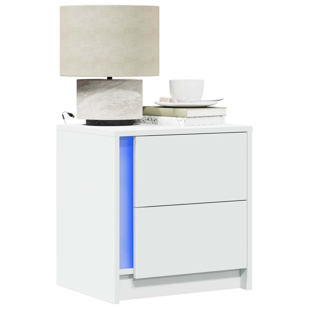 White Engineered Wood Bedside Cabinets with LED Lights, 2 Pcs