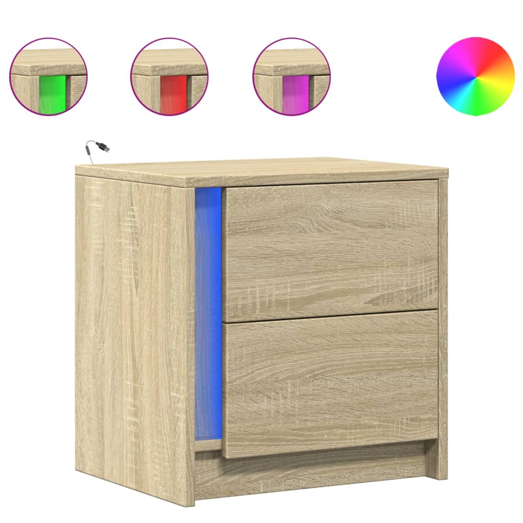 Sonoma Oak LED Bedside Cabinets - 2 pcs, Engineered Wood