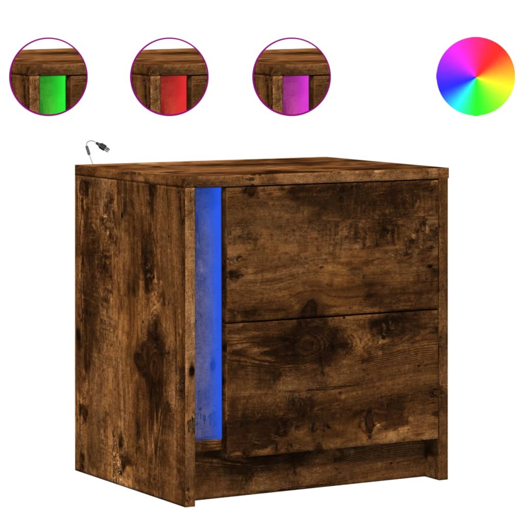 Smoked Oak LED Bedside Cabinet | Engineered Wood Nightstand