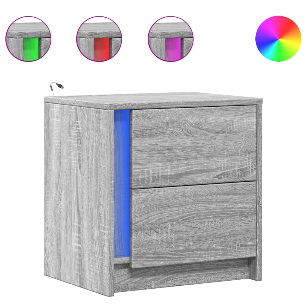Grey Sonoma Bedside Cabinets with LED Lights, 2 Pcs - Engineered Wood